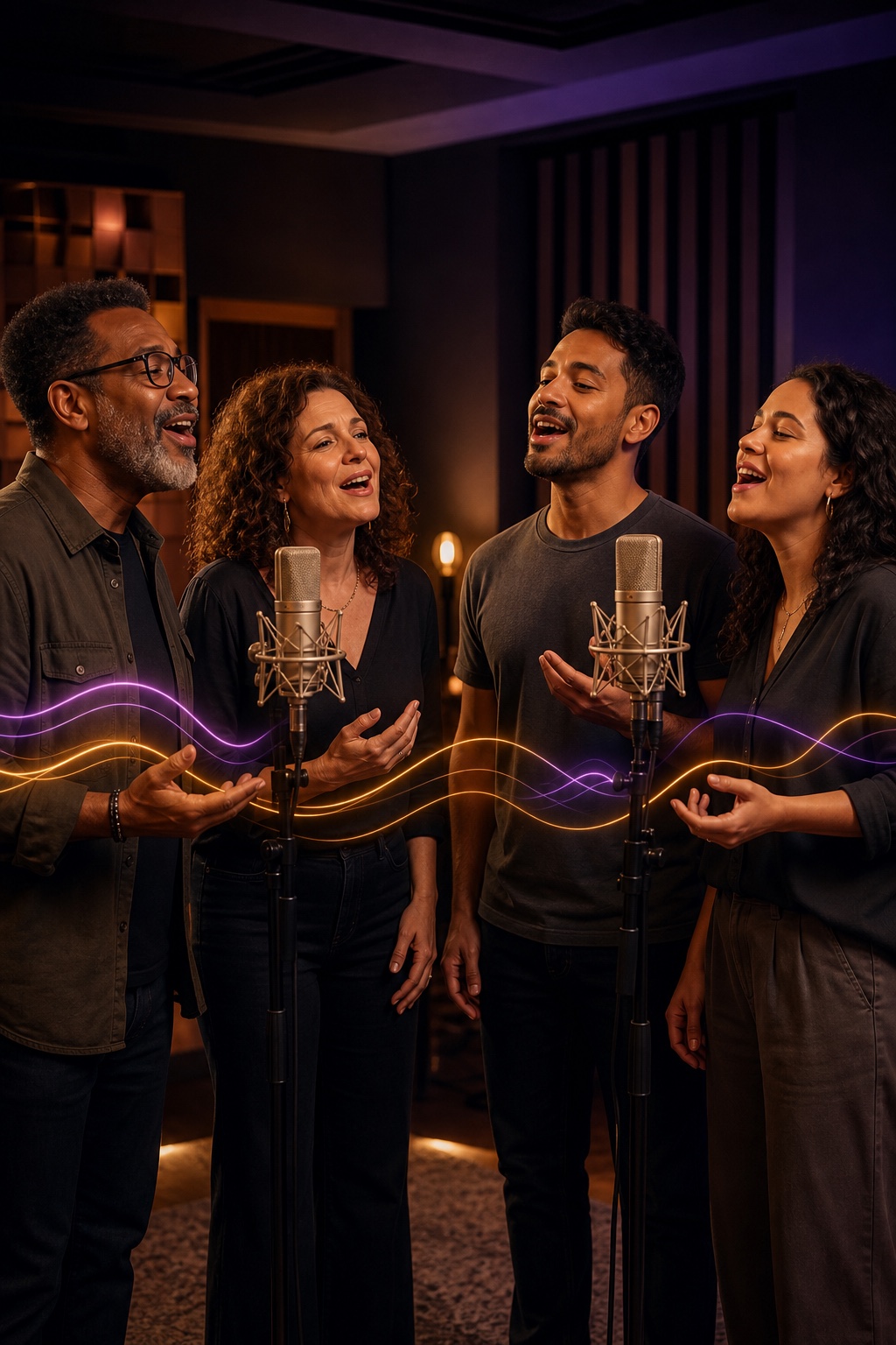 Homens e mulheres cantando com segurança e naturalidade em um estúdio